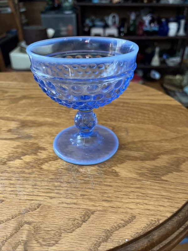 Blue hobnail champagne sherbert glass opalescent rim Anchor Hocking