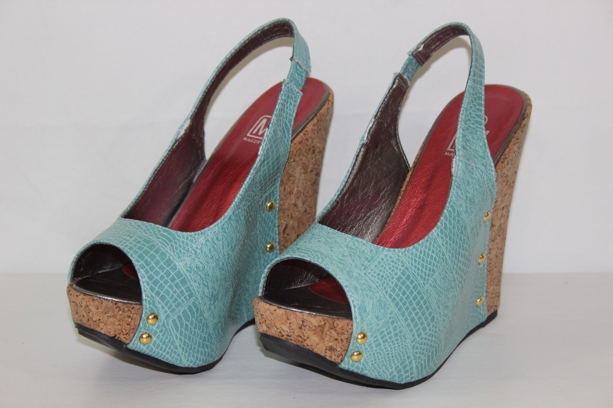 Makers Womens Sz Turquois Open Toe Platforms Wedges High Heels