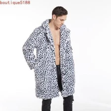 Chic Mens Faux Fur Coats Leopard Pattern Mid Length Overcoat Parka Party Casual