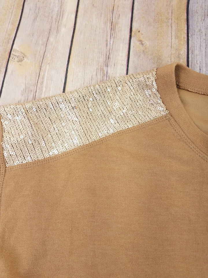Forever 21 Top Blouse Women Size L Beige Long Sleeves Sequin Shoulder Casual B10 - Image 3 of 4