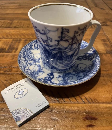 Lomonosov Vintage Soviet Era LFZ Porcelain Tea Cup Cobalt & White