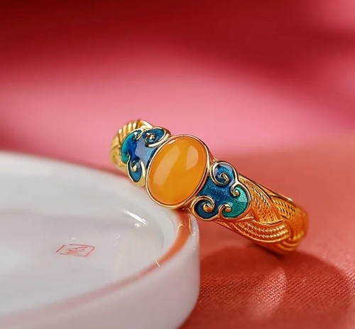 French Orange Oval Opal Boutique Style Adjustable Gold Plated Ring ✈️ - Picture 8 of 9