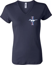 Ladies V-Neck T-Shirt Ford Mustang The Legend Lives Crest Pocket Print