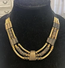 Vintage Black Gold Tone Beaded Choker Collar Bib Statement Necklace