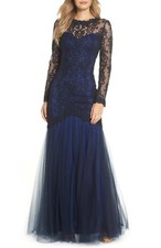 TADASHI SHOJI Navy Corded Embroidered Lace Tulle Mermaid Trumpet Gown Dress 16
