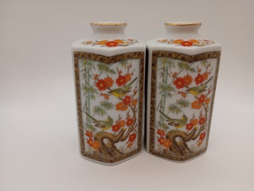 Sechseck Form 3,75 in Porzellan Vase mit Vögeln Blumen Bambus Goldrand Japan - Bild 3 von 10
