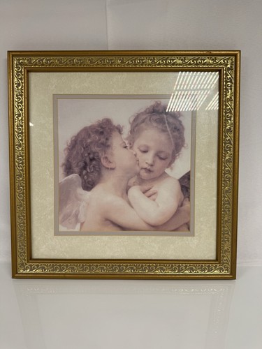 First Kiss William Bouguereau Print Cherubs Gold Gilt Victorian Framed 15x15"