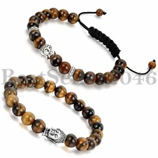 2pcs Tiger Eye Stone Women Men Bracelet Buddha Head Beaded 8mm Beads Adjustable