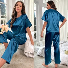 UK Womens Ladies Satin Silk Pajamas Set Dressing Gown Pjs Loungewear Pyjamas NEW