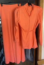 Vtg 60  s/70  s Womens Leisure Knit Polyester Coral Orange Pant Suit Wide SZ 10
