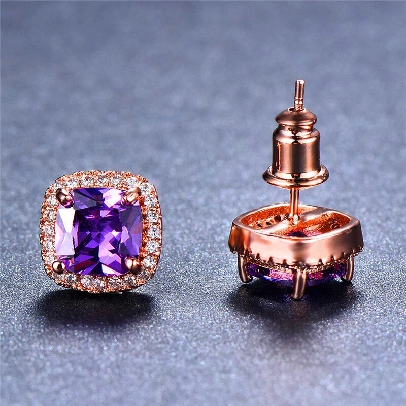 2ct Lab-Created Purple Amethyst Halo Solitaire Stud Earrings 14k RoseGold Plated - Image 4 of 4
