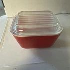 VTG PYREX 0501 Red Refrigerator Glass Dish w Lid 1950s Storage Butter 4x3. #13