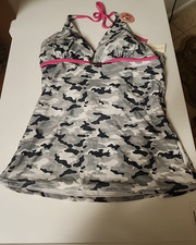 Womens 2 piece Camo Tankini Swimsuit XL Gray Camouflage Halter Top Bikini