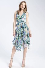Eliza J Watercolor Floral Chiffon Dress Handkerchief Hem Belted Sz 4