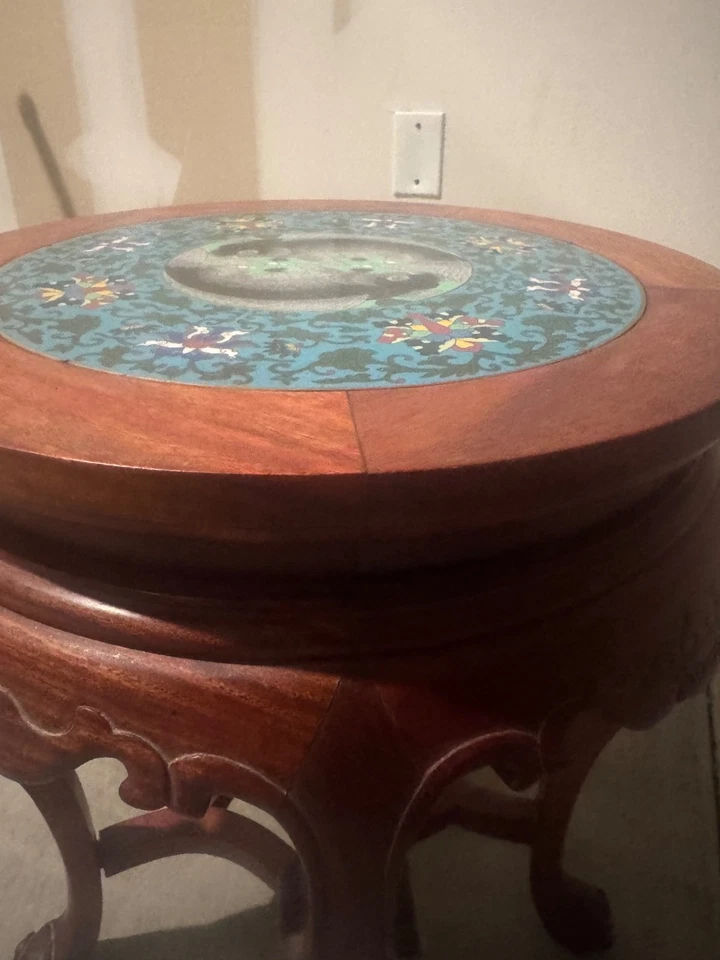Vintage Chinese Cloisonne Koi Fish Rosewood Tea Table - Image 2 of 4