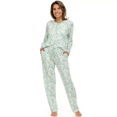 Flora Nikrooz 2-Piece Long Sleeve Henley Pajama Set Green & White Large
