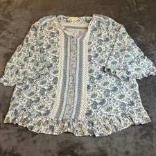 Cynthia Rowley Floral Print Blouse Top Ruffle Trim Boho Blue Green Womens sz 1X