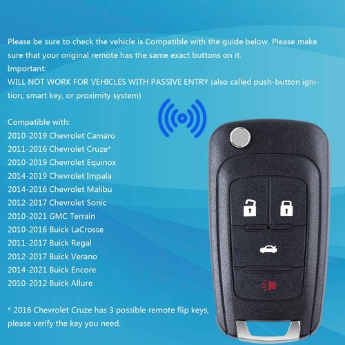 Flip Keyless Entry Remote Key Fob Replacement Fits for Chevy Equinox 4Btn x2 - Picture 2 of 7