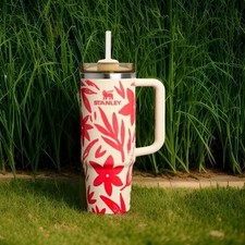 Stanley 40 oz Floral Cream & Red Insulated Tumbler with Handle, Lid & Straw