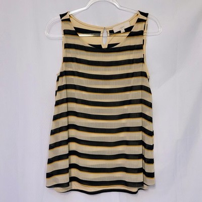 NWT Ann Taylor Loft Beige Navy Gold Striped Sleeveless Knit Blouse Overlay Sz M