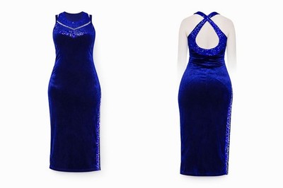 Evening Dress - Ladies Velvet - Sequins - Pajettes - Blue - Long - Leg Slit - 38