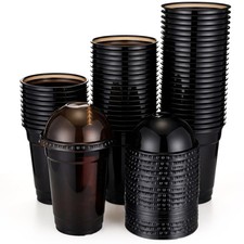 Black Plastic Cups with Lids Dome Disposable Cold Party 12 oz Iced Coffee Cup...