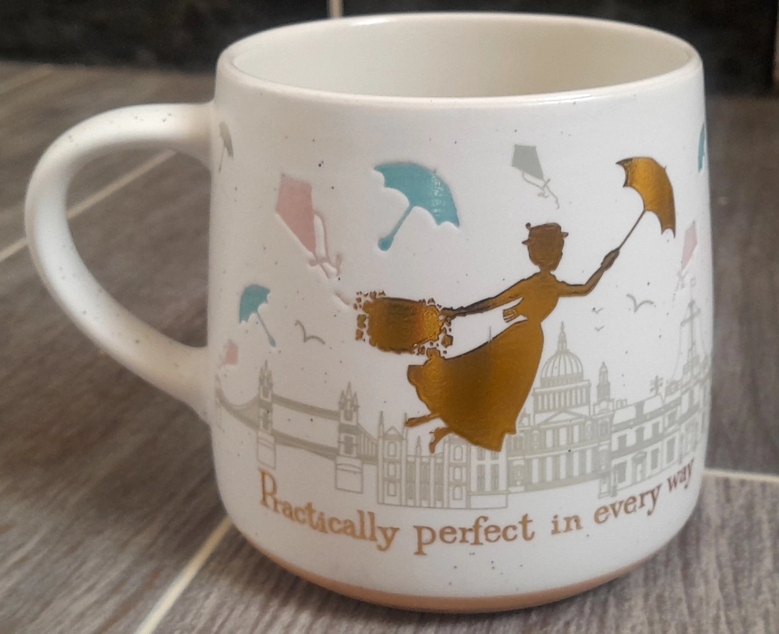 New Disney MARY POPPINS Golden Practically Perfect In Every Way Ceramic Mug Cup