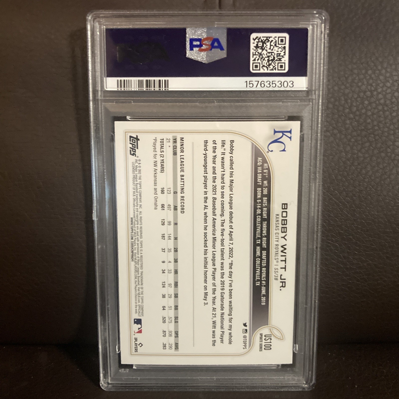 2022 Topps Update Bobby Witt Jr Rookie Card #US100 Rainbow Foil PSA 9 Royals RC view 2