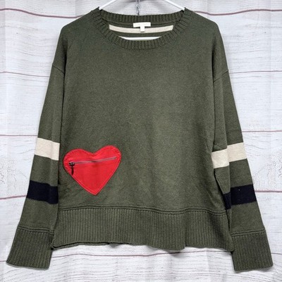 LISA TODD Olive Green Cotton Cashmere Red Heart Zip Pocket Sweater Women's L
