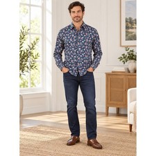 Express Men's Navy Floral Long-Sleeve Button-Up Shirt Size S Slim Fit
