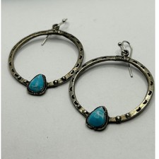 Turquoise Style Hoop Earrings Silver Tone Boho Western Rustic Dangle
