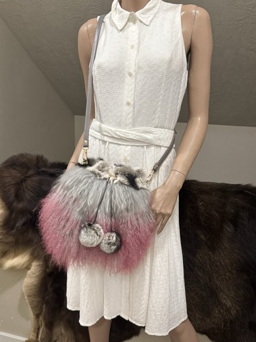 Handmade Real Mongolian Lamb Fur Drawstring Bucket Bag Includes 2 Strap Styles - Picture 10 of 15