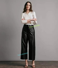 Womens Black Lambskin Leather Pants Wide Leg Cropped Casual Party Trousers Fit