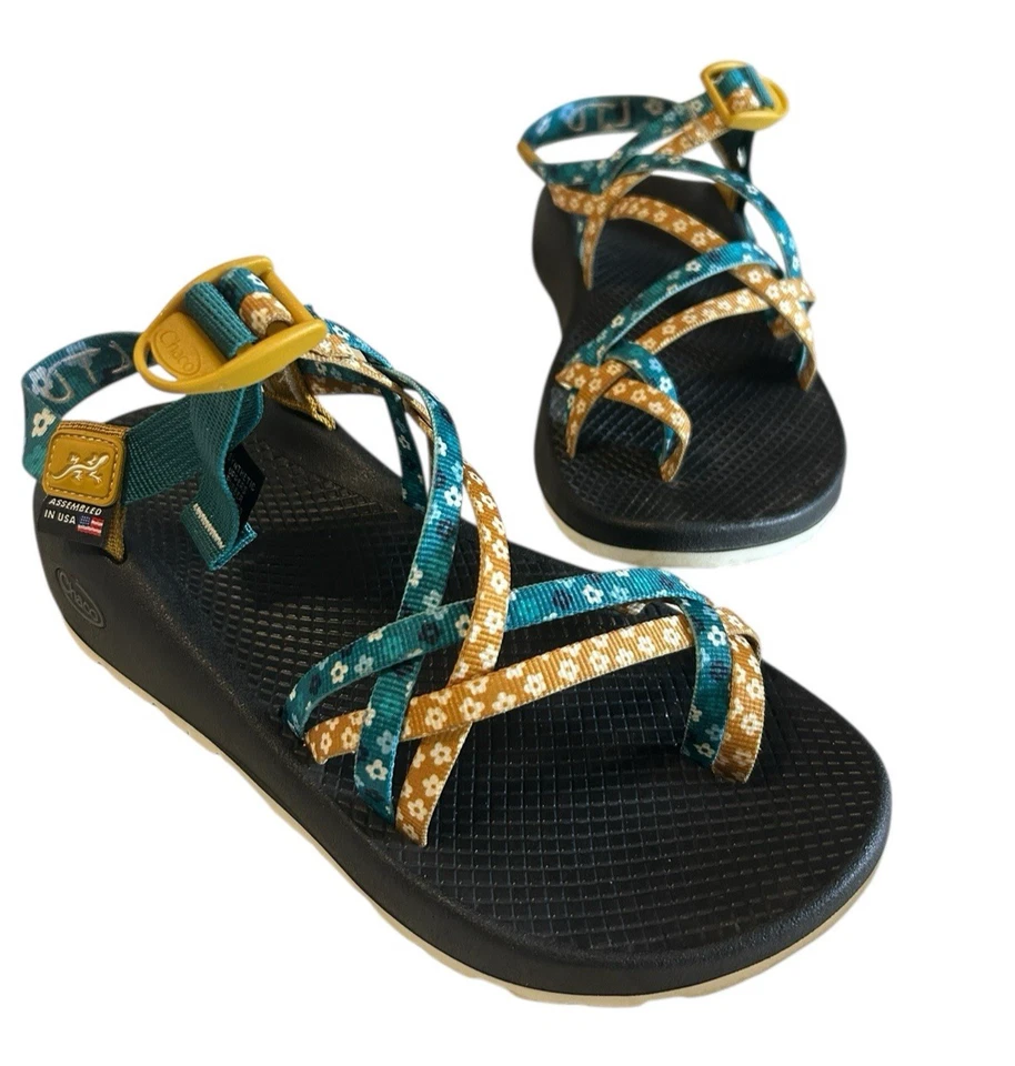 Chaco ZX2 双带蓝色芥末花卉远足凉鞋女式 8M 码 — 第 2/4 张图片