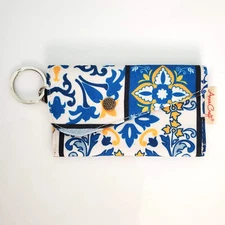 Handmade Blue Mosaic Geo Print Canvas Flap Coin Purse w/ Key Chain 4.5" x 2.5"
