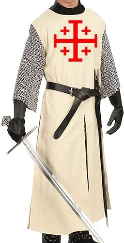 Jerusalem Cross Templar Knight Tunic Medieval Cotton Crusader Costume Off White - Afbeelding 1 van 6