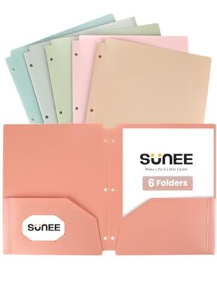  3 Hole Pocket Folders (6 Pack, Vintage Colors), Plastic Multicolored 3 6-Pack