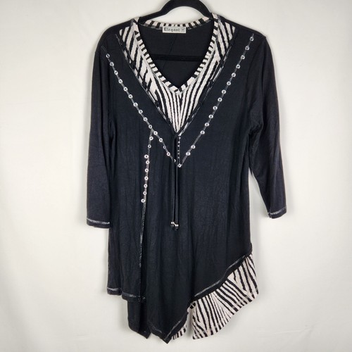 Elegant Womens Casual Tunic Blouse Size M 12 Black White 3/4 Sleeve Asymmetric