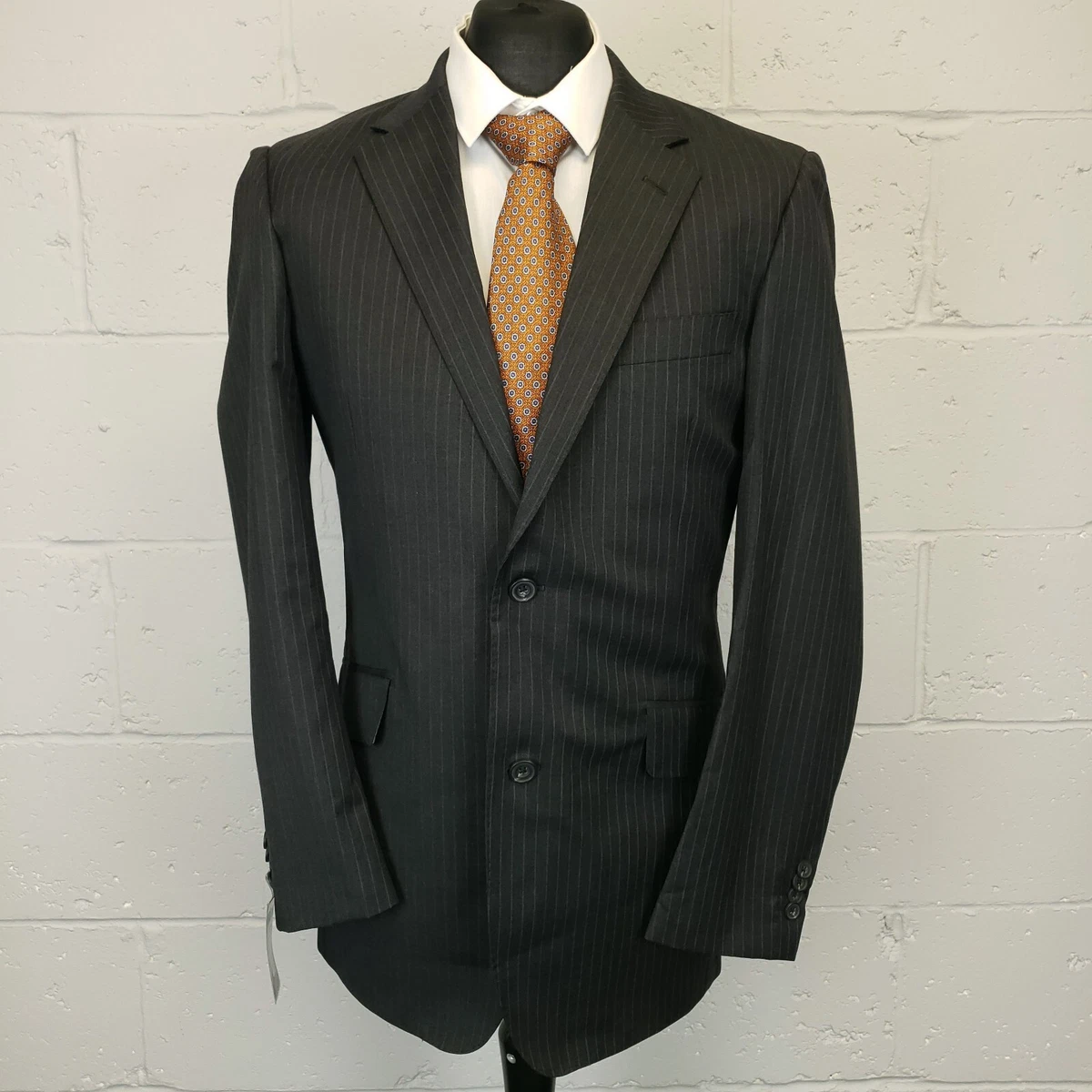 T.M.Lewin Blazer Jacket 40 REG Charcoal FITTED Wool 110 Chalk