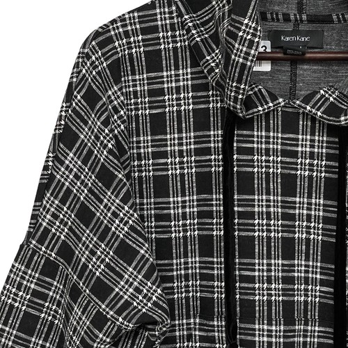 Karen Kane Pullover Hoodie Women Size M Black Plaid Pocket Short Sleeve Sweater - Picture 3 of 15