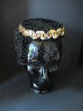 Vintage 1940s open pillbox hat with netting black velvet gold sequin details