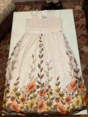 GORGEOUS LINED CHIFFON MIDI W/STUNNING PATTERN WHITE BKGD & CROCHET TOP XL NWT