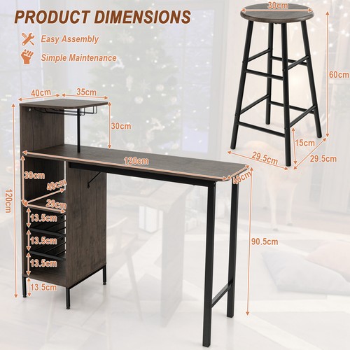 3Pcs Bar Table Chairs Set Industrial Pub Table 2 Stools Storage Shelf Wine Rack - Picture 10 of 10
