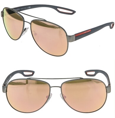PRADA LINEA ROSSA 55Q LJ SILVER Gray Rose Pink Mirror Aviator Sunglasses PS55QS