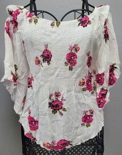 No Boundaries Youth L 11-12 Floral White Hippie Boho Blouse Shirt Bat Wings