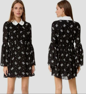 Sz 6 Cinq a Sept Black Lily Bell Sleeve Floral Printed Mini Silk Dress