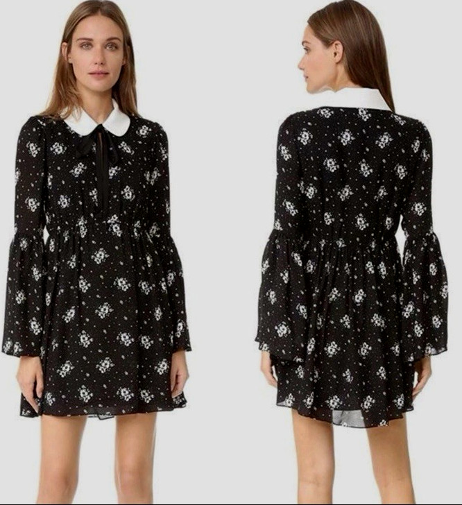 Sz 6 Cinq a Sept Black Lily Bell Sleeve Floral Printed Mini Silk Dress