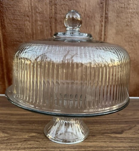 Vtg Anchor Hocking Monaco Clear Ribbed Glass Pedestal Cake Plate & Dome /punch