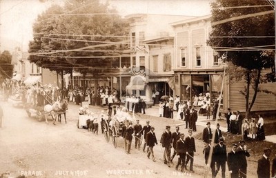 1908 Parade Horse Drawn Floats Wagons Stores Worcester RPPC Photo Postcard COPY