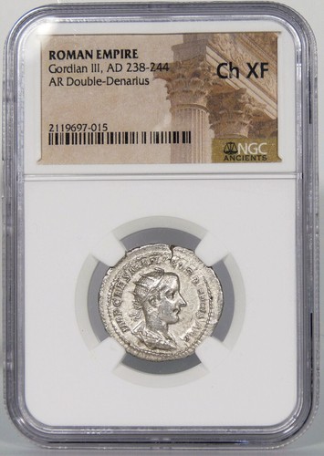 Moneda Romana Doble Denario GORDIANO III/Liberalitas con Cornucopia NGC Choice XF - Imagen 11 de 14